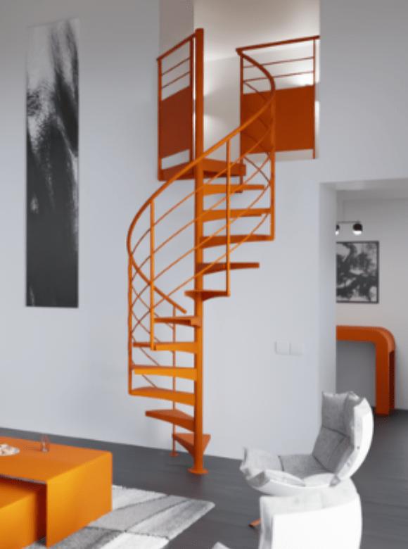 escalier bois metal orange
