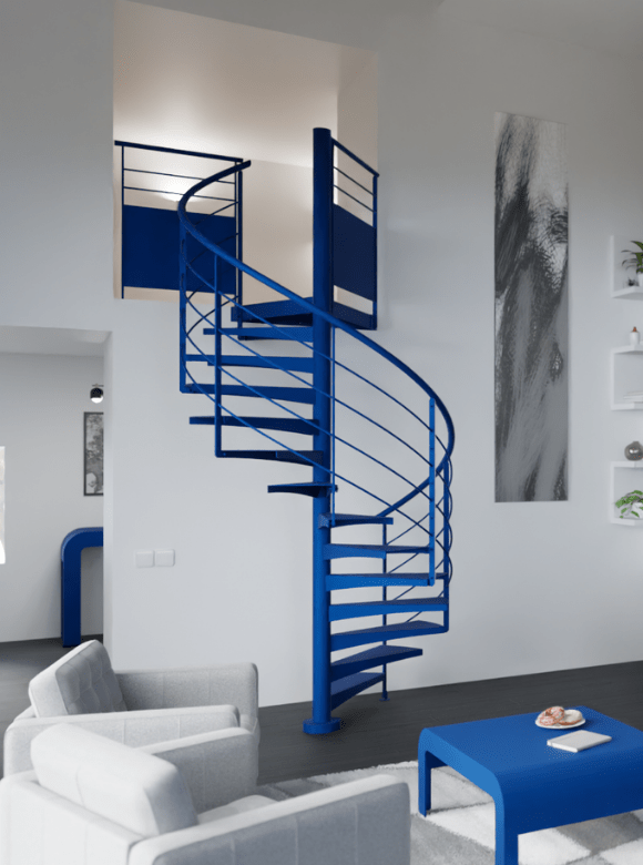 escalier bois métal bleu